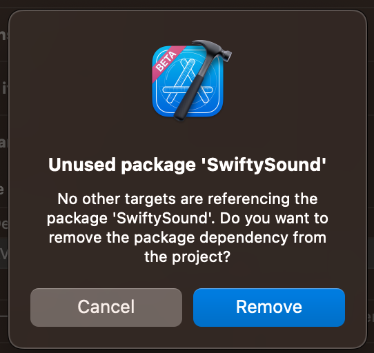 Screenshot showing Xcode with a disabled 'Delete' option for a dependency