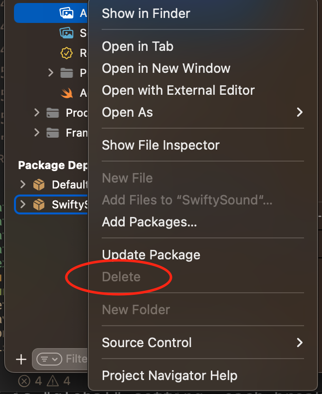 Screenshot showing Xcode with a disabled 'Delete' option for a dependency