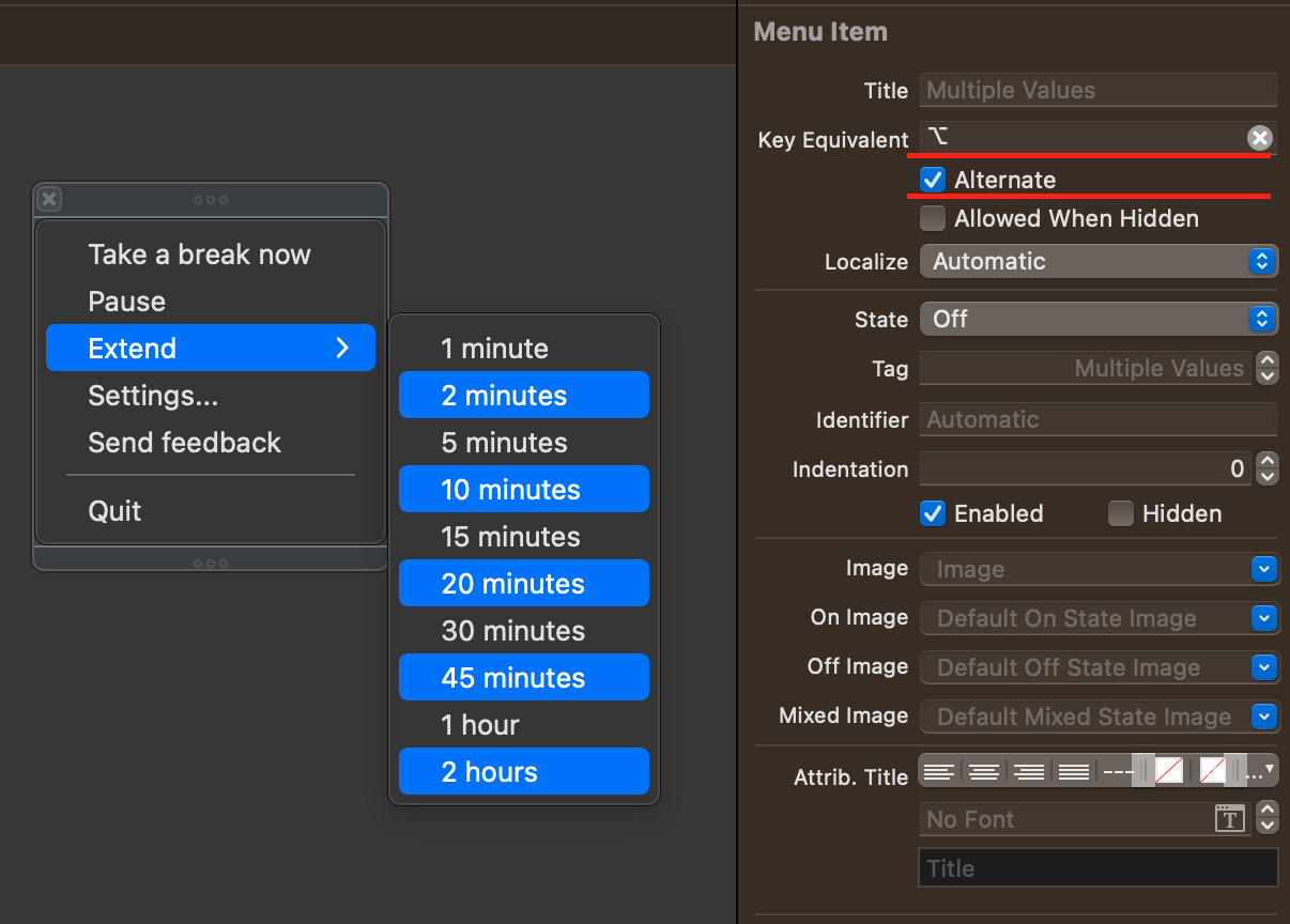 Screenshot showing Xcode alternate items and key equivalent