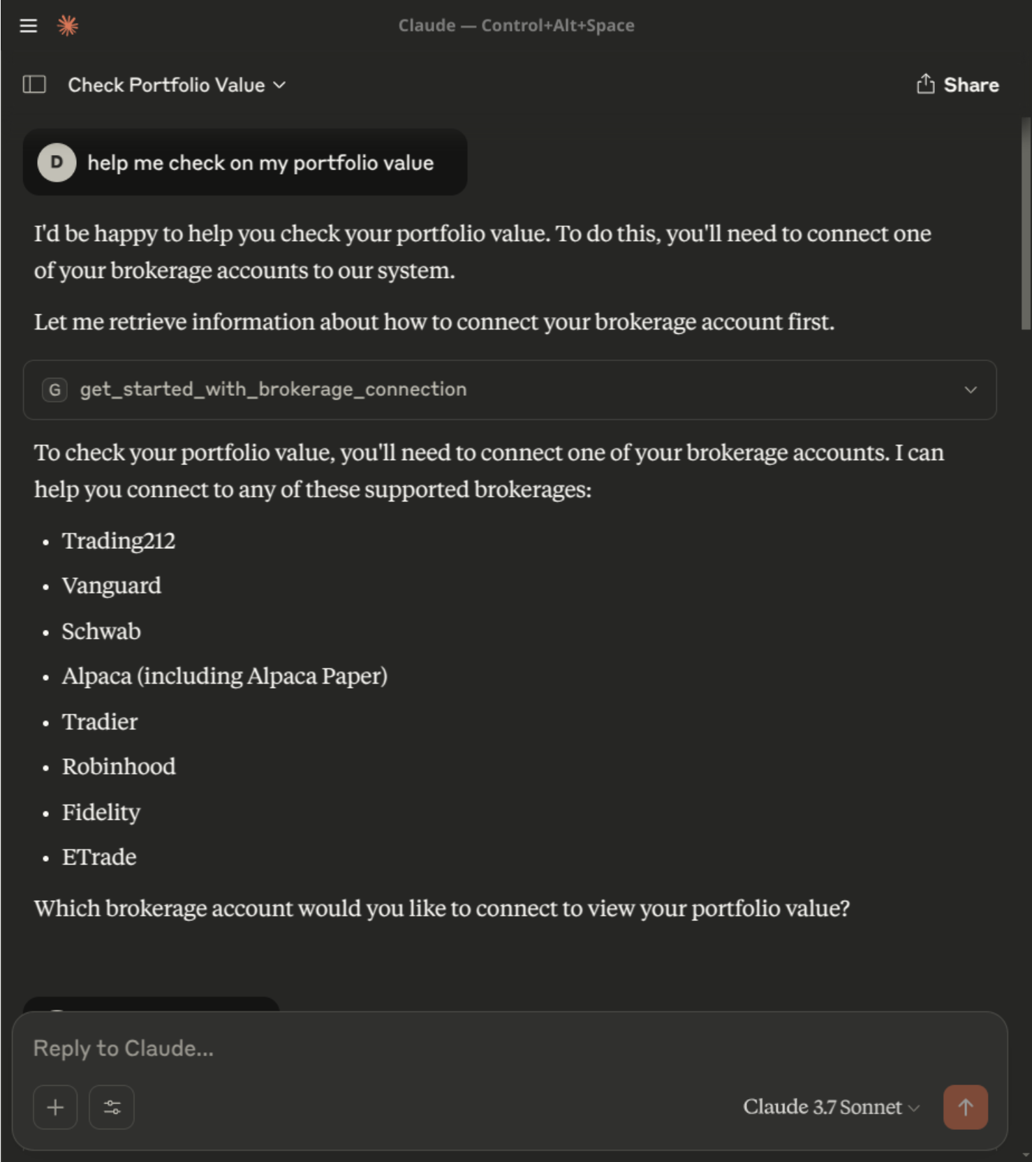 Claude providing a helpful message on how to connect